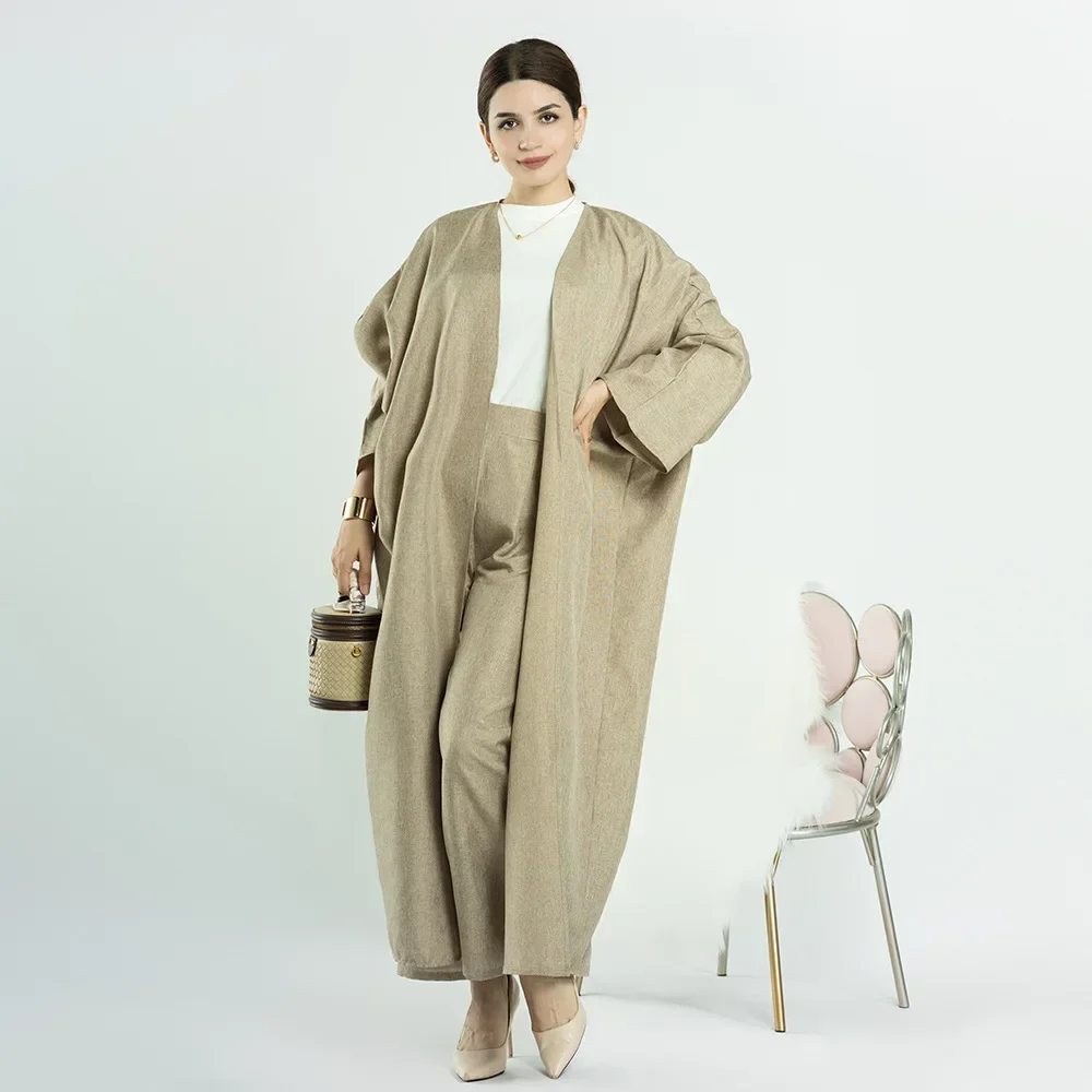 Cotton Linen Kimono Abaya with Pants 2 Piece Matching Muslim Set Abayas for Women Dubai Turkey Kaftan Robe Modest Islamic Outfit