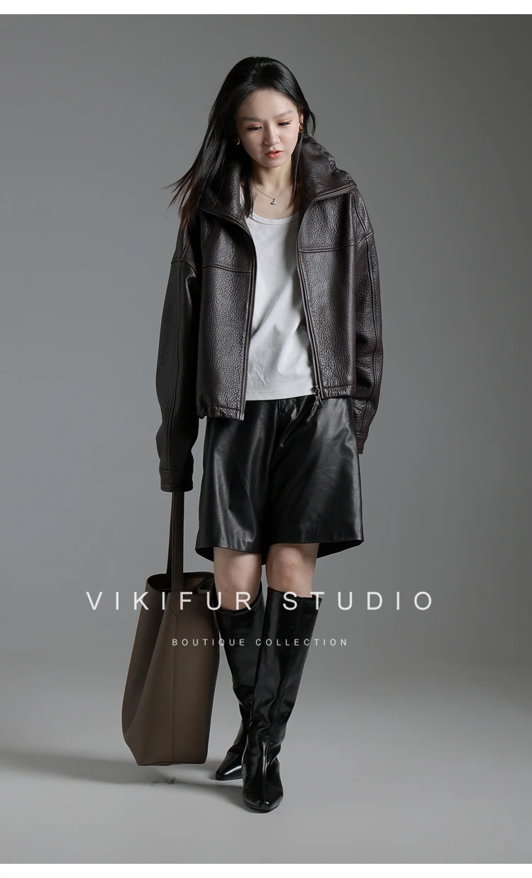 Lautaro Spring Autumn Cool Waterproof Short Brown Pu Leather Jacket Women with Long Raglan Sleeve Zip Up Luxury Designer Clothes