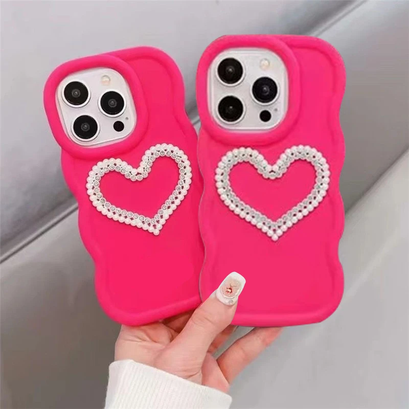 Coque arrière en silicone souple pour Xiaomi Redmi Note 13 Pro, Note 12, Note 11, 11s, Note 10 Pro, 10A, 10C, 12C, motif cœur et diamant perlé_voghion.com