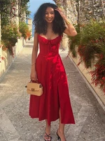 Suninheart Women's Summer Floral Print Dresses Sweet Elegant Midi Holiday Dress Casual Slit Blue Lace Up Dresses 2023 - Image 5