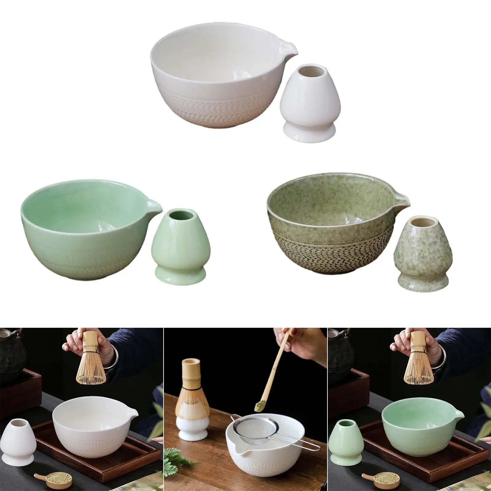 2Pcs Traditional Matcha Bowl with Whisk Holder Handmade Matcha Ceremony for Traditional Ceremonial Home Table Office Bedroom