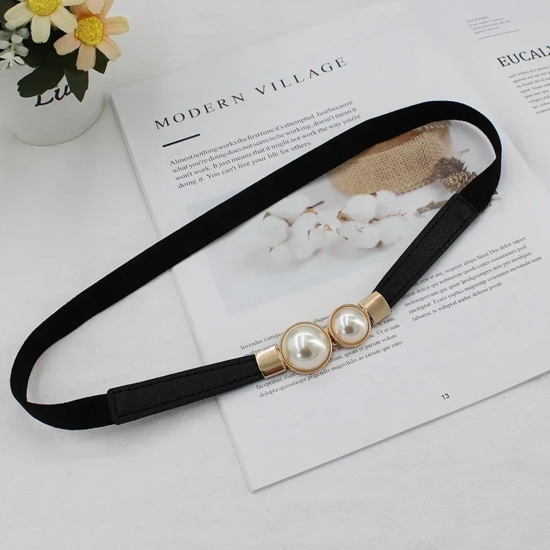 Elegant Double Pearls Buckle Elastic Women Belts Thin Straps Lady Girl Dress Skirt Decor Waistbands Trouser Dress Decoration