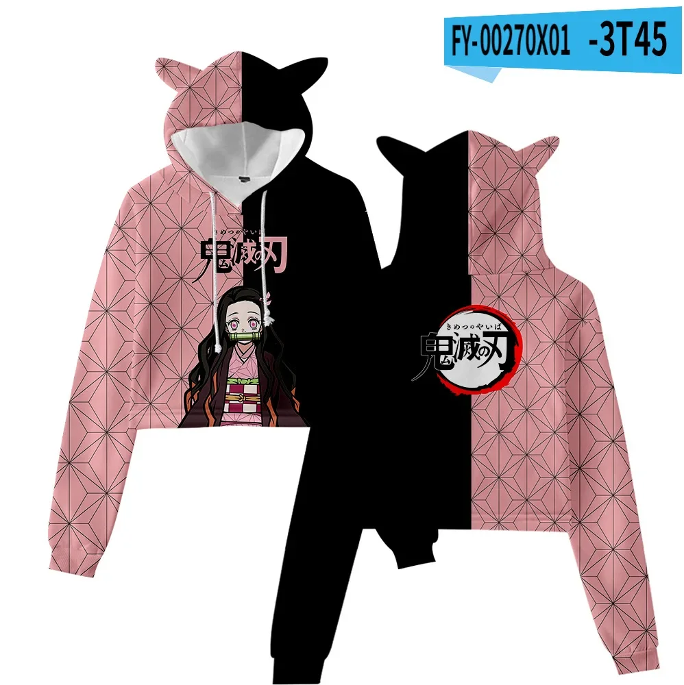 

2023 New Anime Demon Ghost Slayer Kimetsu No Yaiba Girls and Boys Style Navel-baring Cat Ear Sweatshirts Are Trendy and Loose