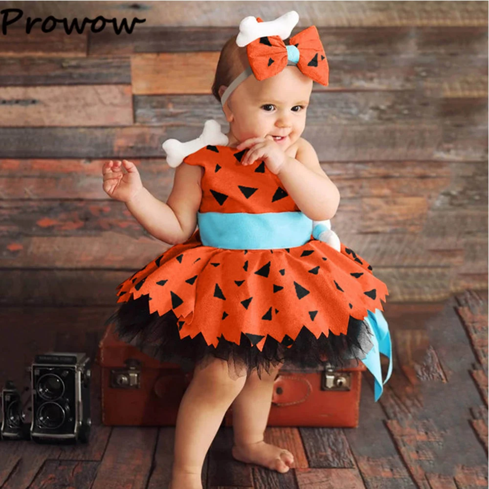 Prowow Caveman Costume For Baby Dresses Orange Off Shoulder Dog Bones Party Dresses For Girls Performance Dress Kids Costume