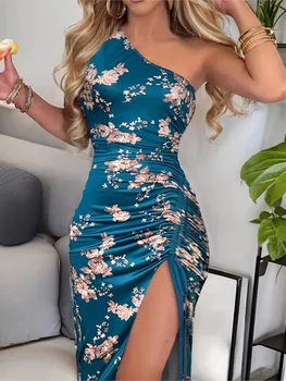 Abito elegante con stampa Silm per le donne Moda sexy senza maniche colletto diagonale pacchetto abiti alla moda Abiti da festa per le vacanze da donna Nuovo