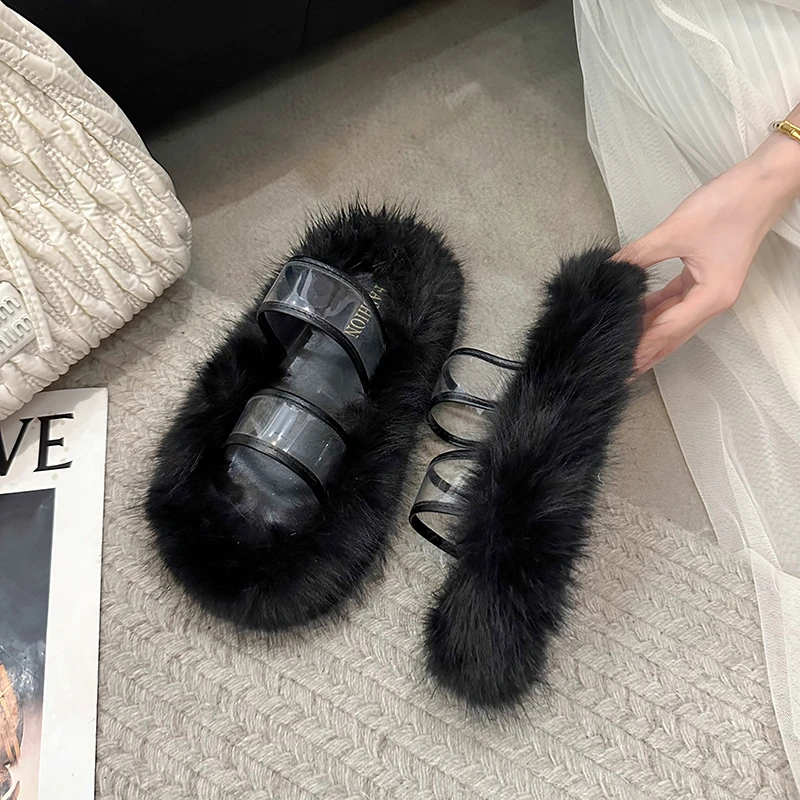 Aphixta Warm Winter Fur Plush Women Slippers Furry Transportant Straps Shoes Round Toe Flat Heel Hair Slides zapatos House Shoes