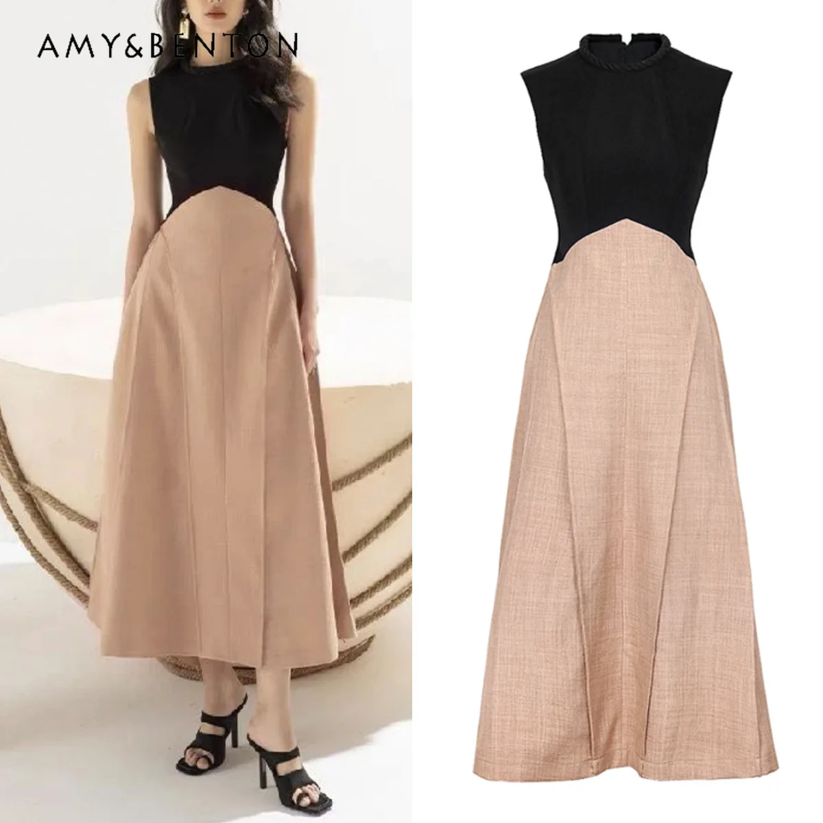 

2023 Summer New Elegant Fashion Stitching Maxi Dress Women's Sleeveless Contrast Color A-Line Long Holiday Dress Female
