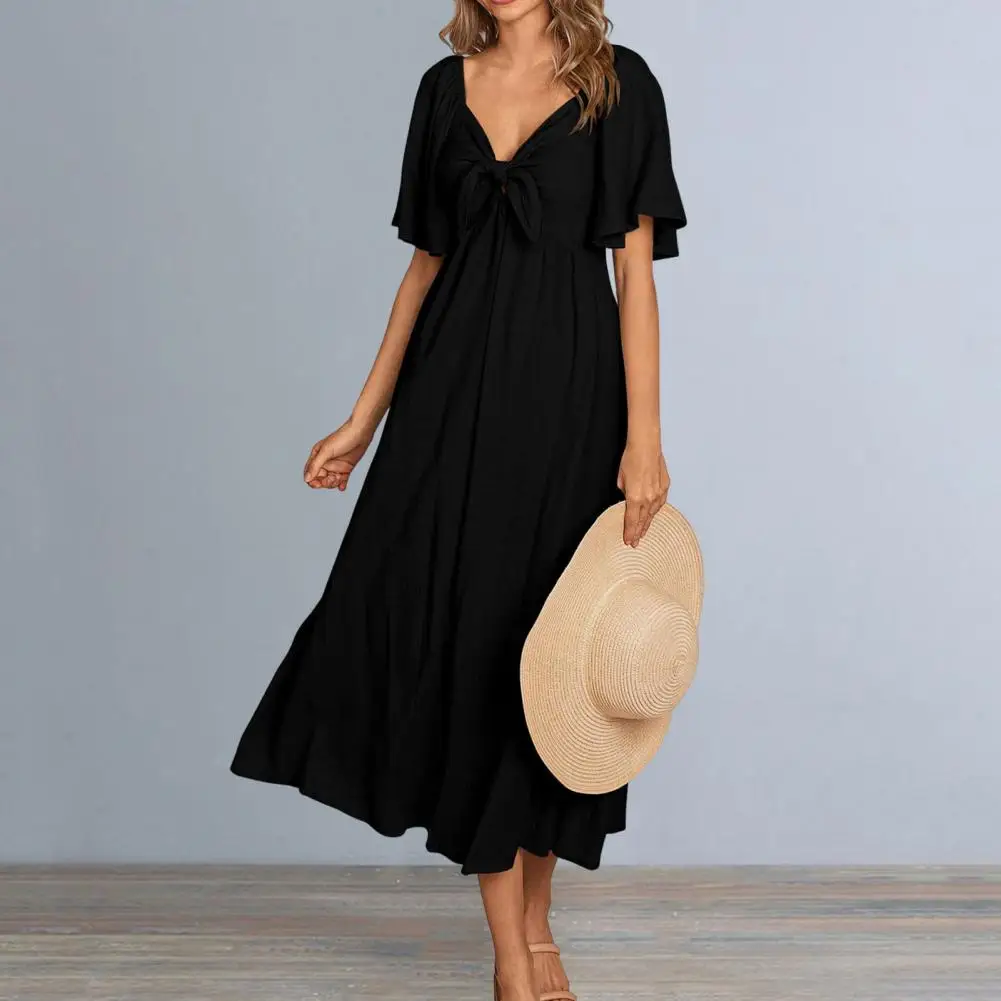 

Lightweight V-neck Long Skirt Elegant V Neck Midi Dress with Bow Detail for Women Breathable A-line Summer Dress Soft