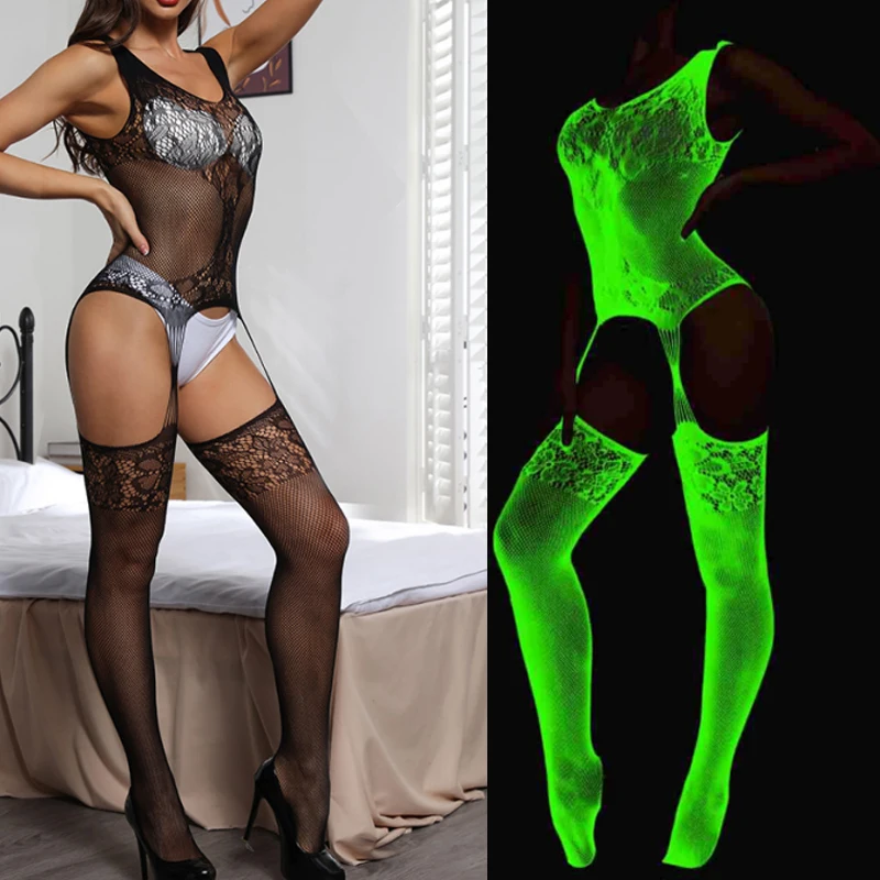 Erotic Underwear Women Lingerie Suspenders Glow-in-the-dark Jacquard Hollowed out Sexy BodyStockings Mesh Costumes women underwear,sexy lingerie