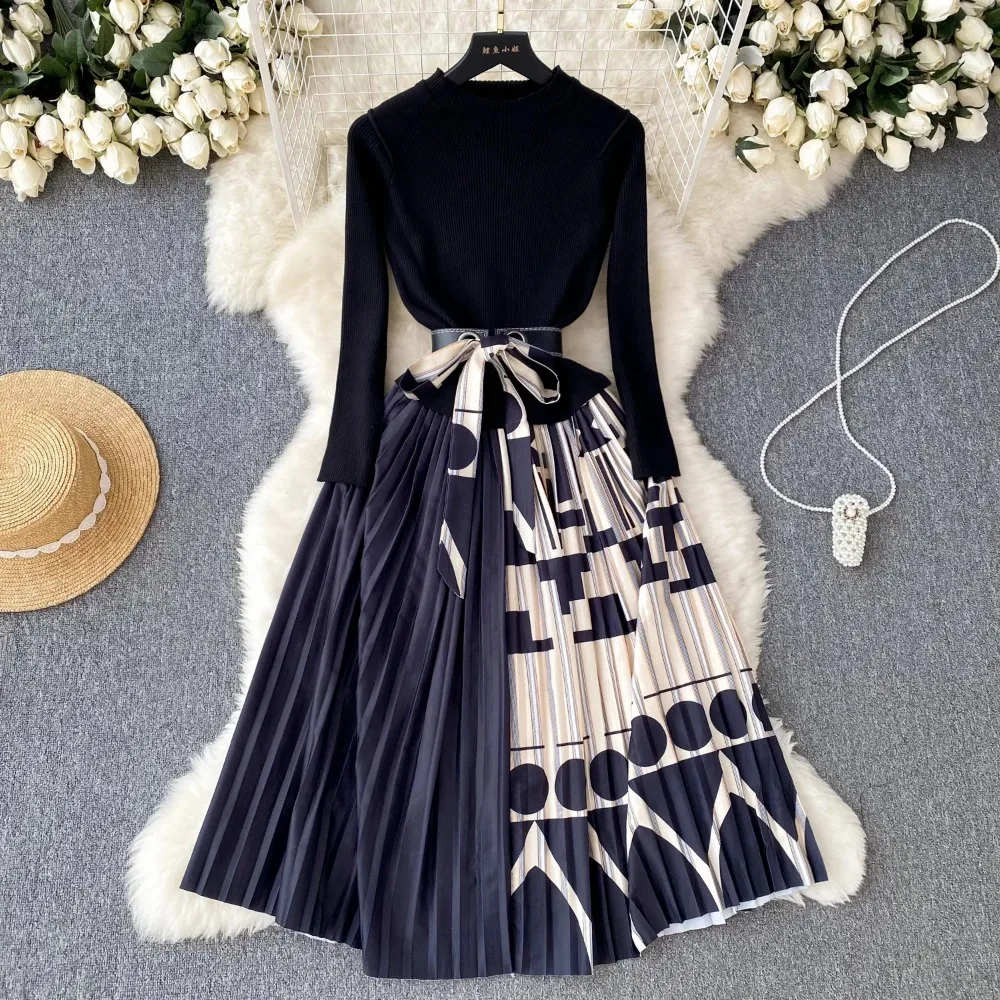 

Elegant Patchwork Pleated Long Sleeve A-line Knit Dress Women Vintage Slim Autumn Winter Dress