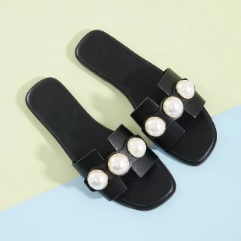 Slippers Women 2025 New Flat Slippers Party Shoes Fashion Pearl Sandals Slippers Roman Women Flip-Flops Casual Beach Shoes Trend — view 4