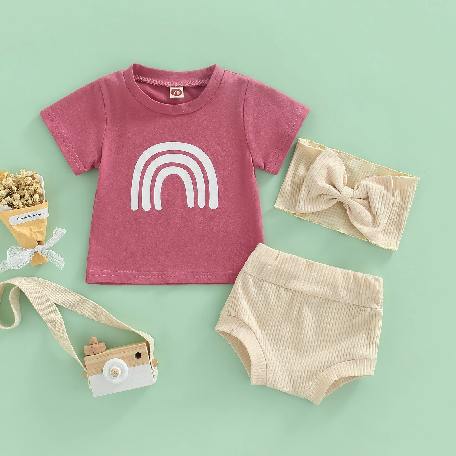 

Infant Girls Three-Piece Outfits, Rainbow Print Short Sleeve Round Neck T-Shirt + High Waist Ribbed Shorts + Decorative Headband