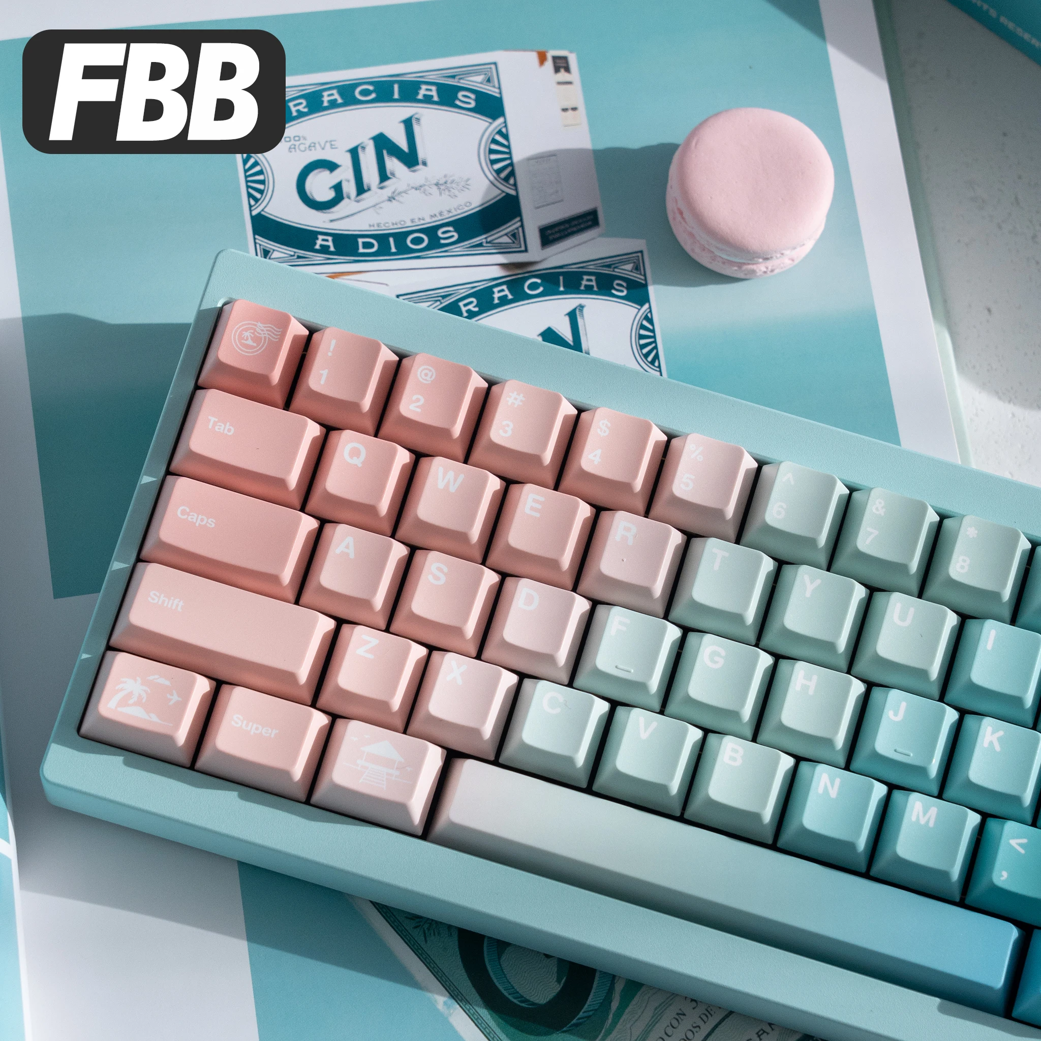 FBB 키캡 핑크 비치 테마 그라데이션 컬러 PBT 키캡 60%, 75%, 80%, 96%, 100% 기계식 키보드용 키캡 DIY 선물 소녀용