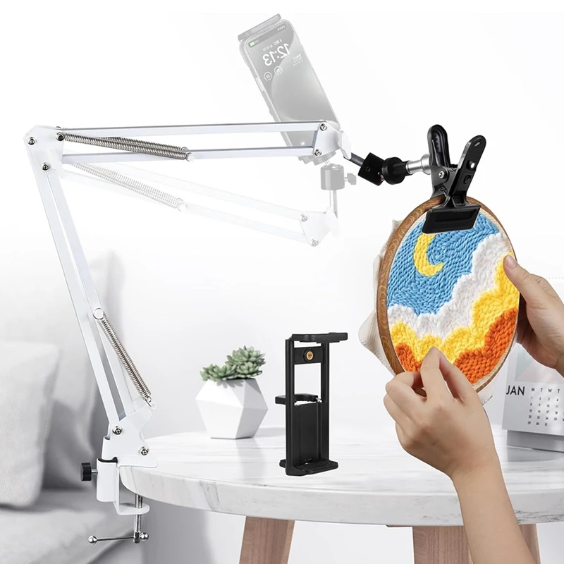 A69E-White Adjustable Embroidery Hoop Stand For Handwork, 3 In 1 Hoop/Tablet/Phone Holder Desktop Stand, Needlework Frame