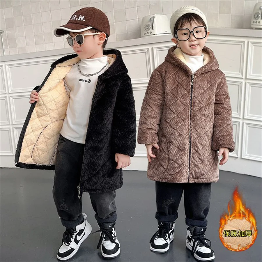 

Теплая зимняя куртка для мальчиков 4-14 лет, хлопковое утепленное пальто средней длины с капюшоном для подростков, 2023