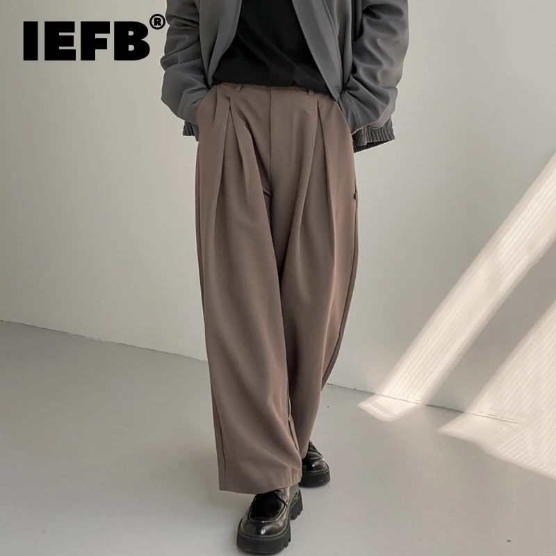 

Брюки IEFB мужские с широкими штанинами, модные Костюмные однотонные Прямые повседневные плиссированные штаны в Корейском стиле, 9A5350, на лето