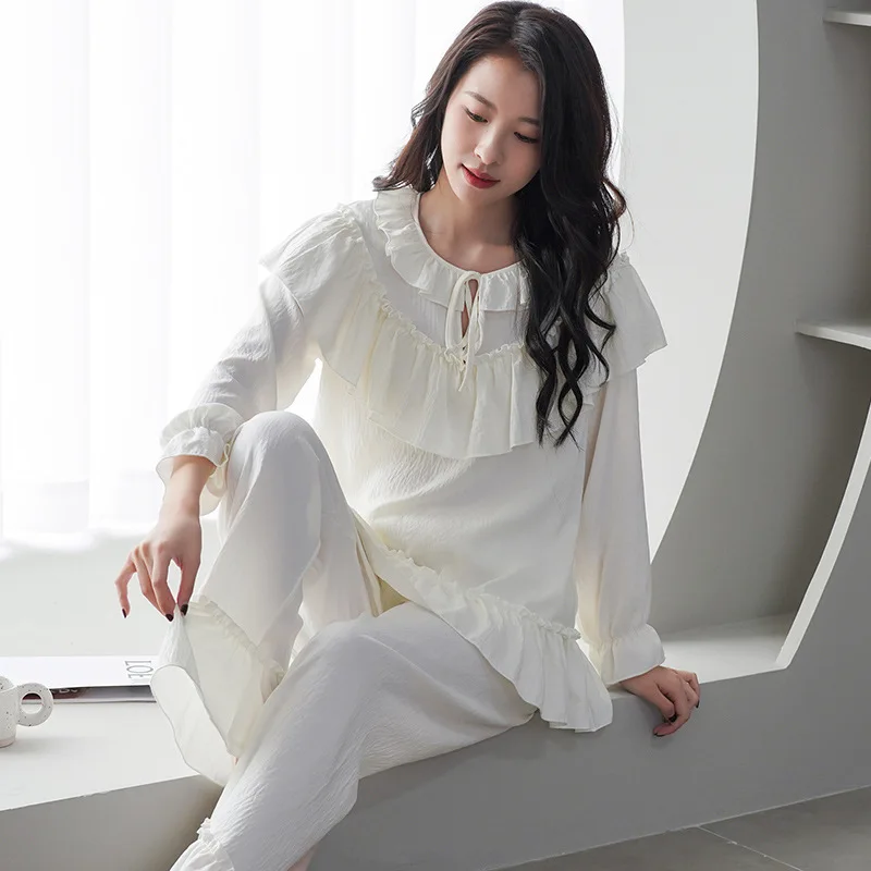 Spring New Cloud Cotton Pajamas Long Sleeve Pants Two-piece Set Palace Style Costume Lotus Leaf Edge Home Fury Clothes for Women