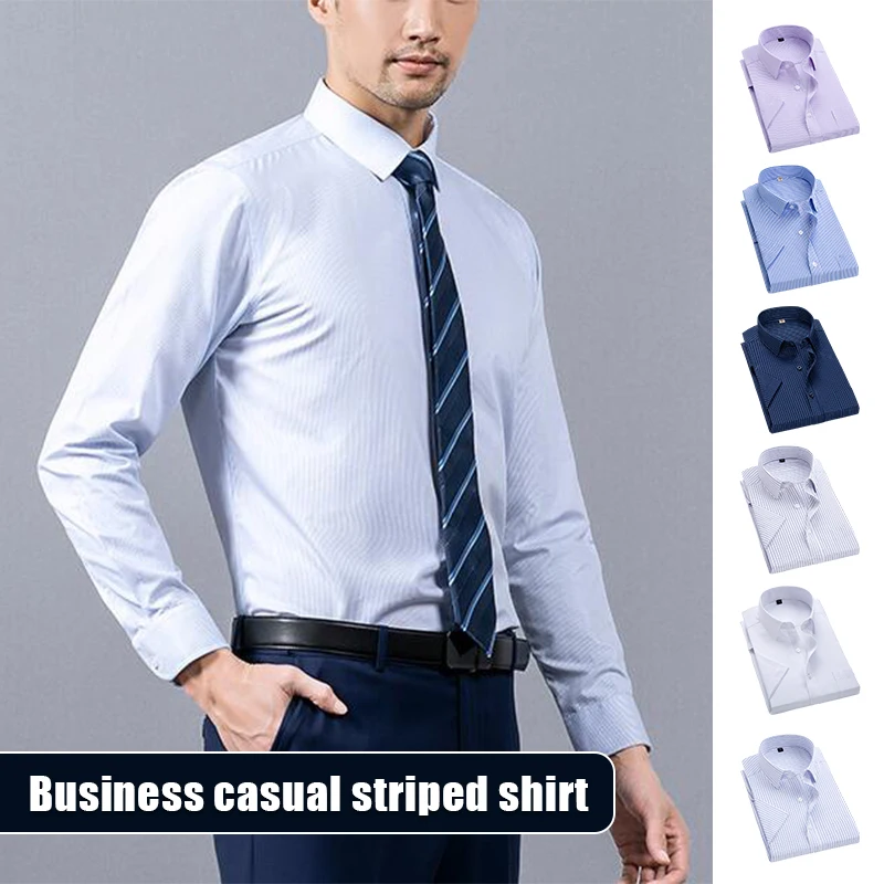 New Men's Business Shirt Striped Long Sleeved Work Shirt Square Collar Non-iron Regular Fit Antiwrinkle Pocket Male Social Shirt