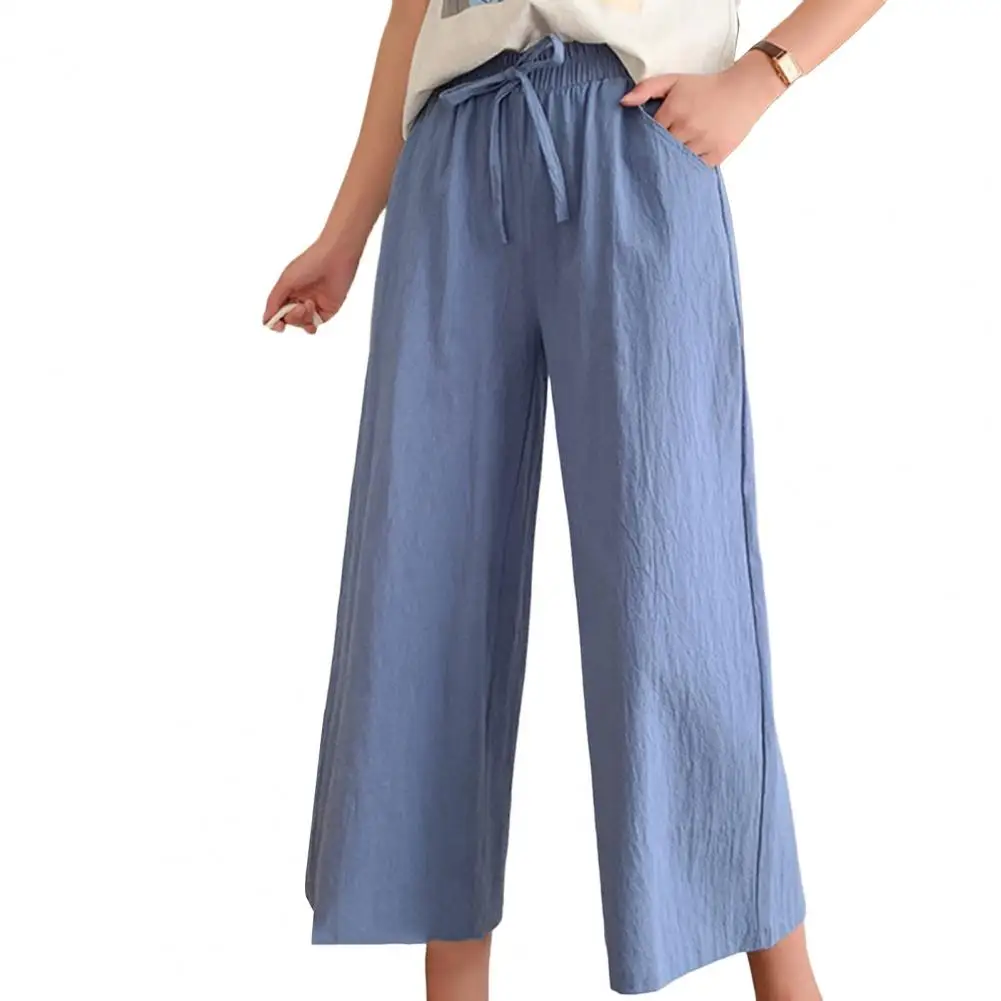 

2023 Women Pants Mid-rise Drawstring Straight Wide Leg Pockets Vintage Cotton Linen Pants