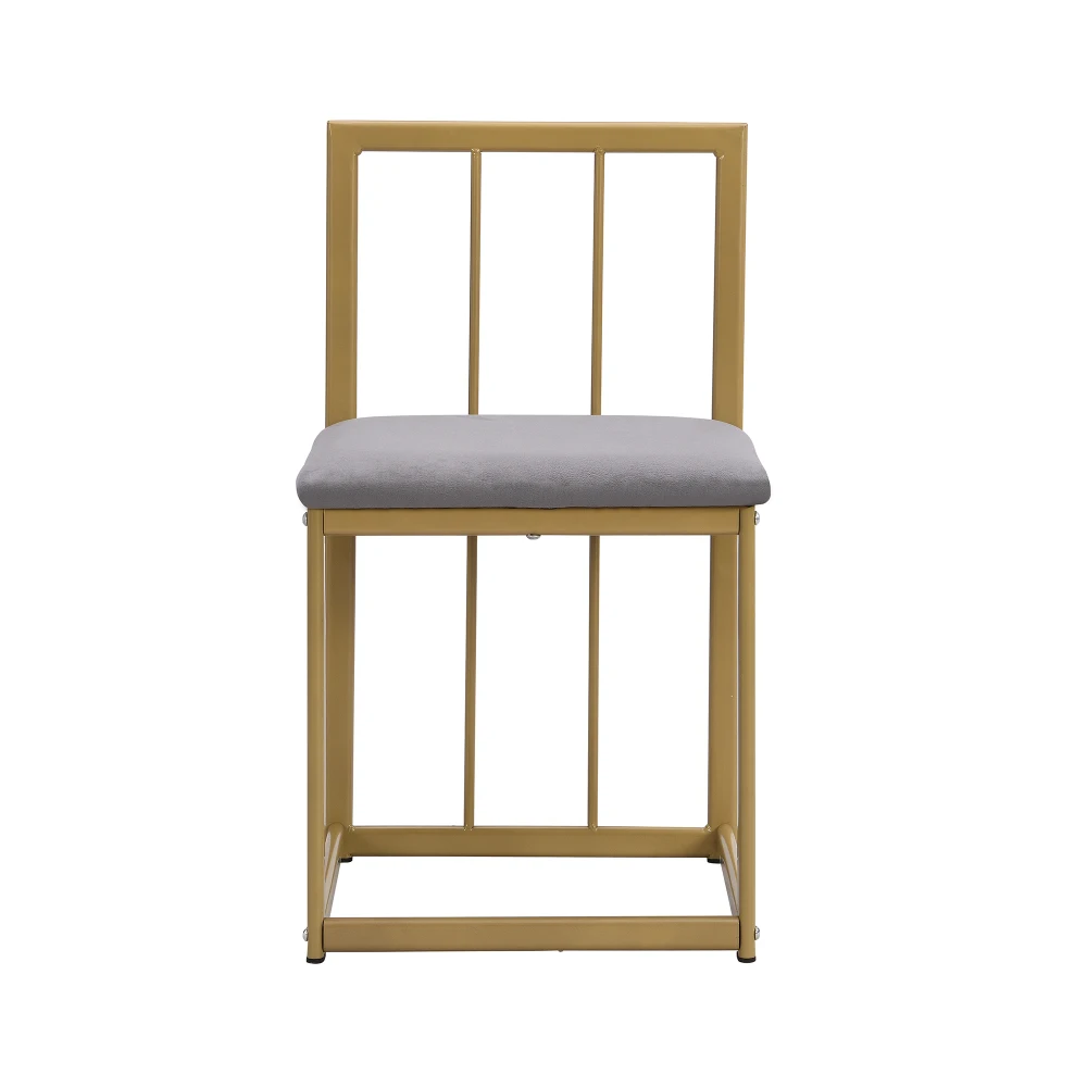 Esstisch-Set mit sechs Stühlen: (weißer Tisch, Stühle mit Rückenlehnen und grauer Polsterung, goldenes Eisengestell), Esstisch- und Stuhl-Set – Detail 23
