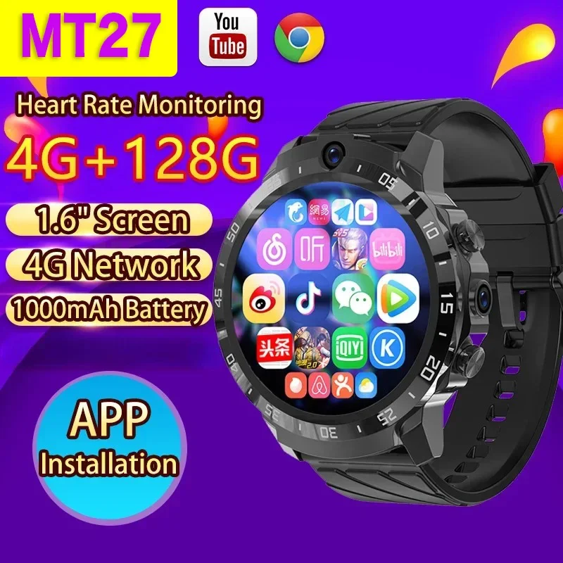 

MT27 Smart Watch Men 4G 128G Dual HD Camera Video SIM Call WiFi Independent Use Smartwatch APP For Youtube Google Play Store