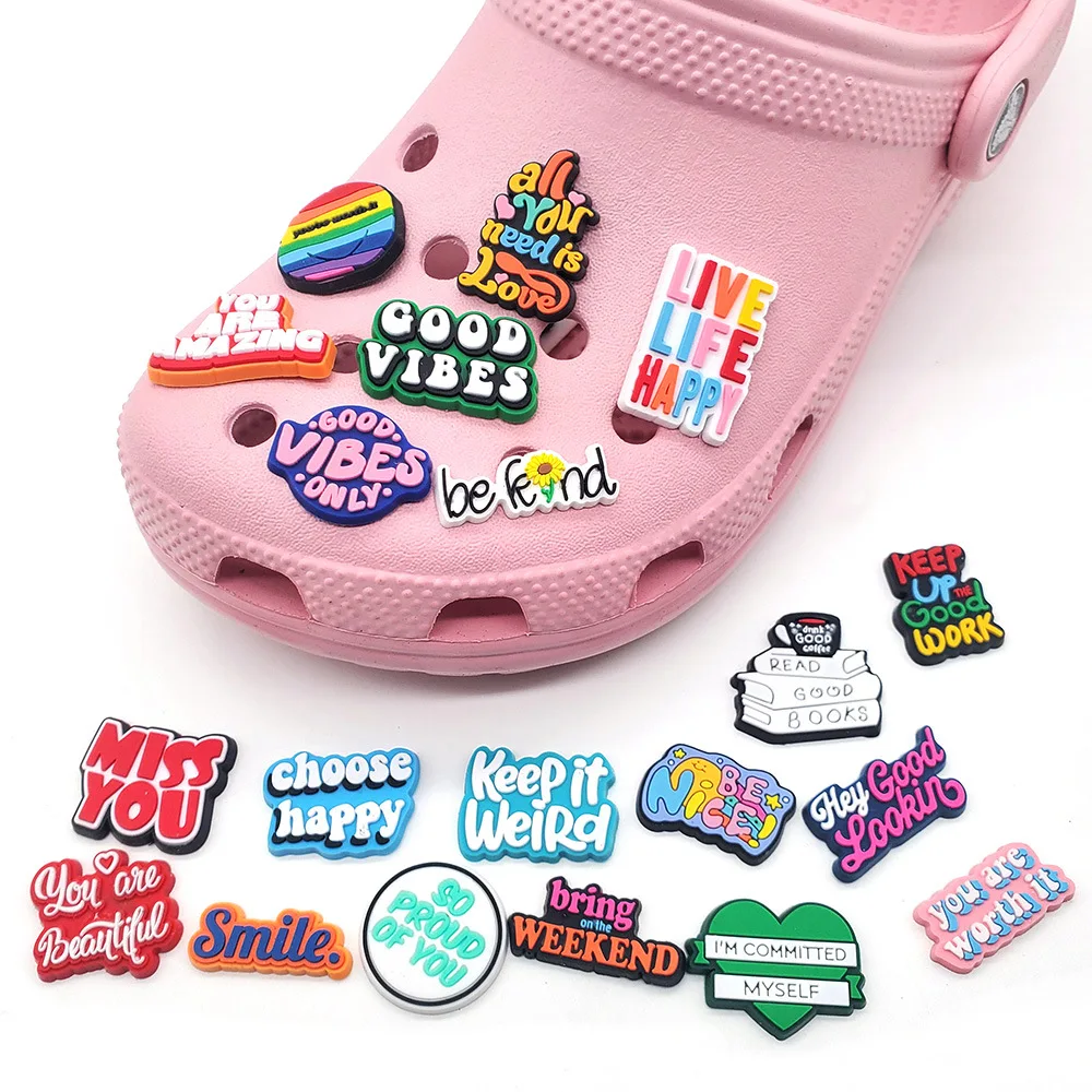 

1pc Colorful Motivational Phrases JIBZ Croc Charms DIY Inspirational Words Sandals Garden Shoe Decoration Kids Xmas Gifts
