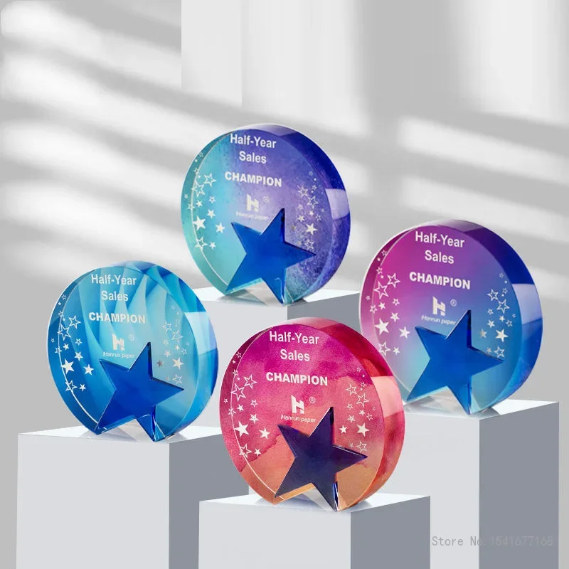Customized Crystal Five-Pointed Star Trophy with Color Printing, Creative New, Annual Meeting Anniversary Awards Souvenir, 1Pc