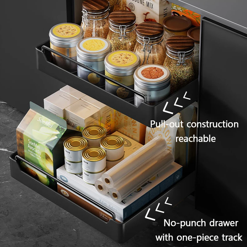 

Pull out Cabinet Organizer Kitchen Storage Rack with Slide Rails Drawer Type Storage Tray Spice Box Storage Rack