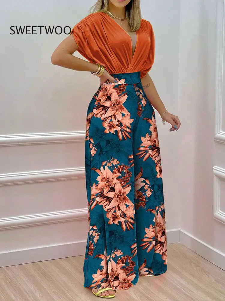 Printing Casual Sweet Summer Women Outfit Deep V-Neck Top Wide Leg Pants Loungewear Ladies Matching Set Streetwear Dropshipping