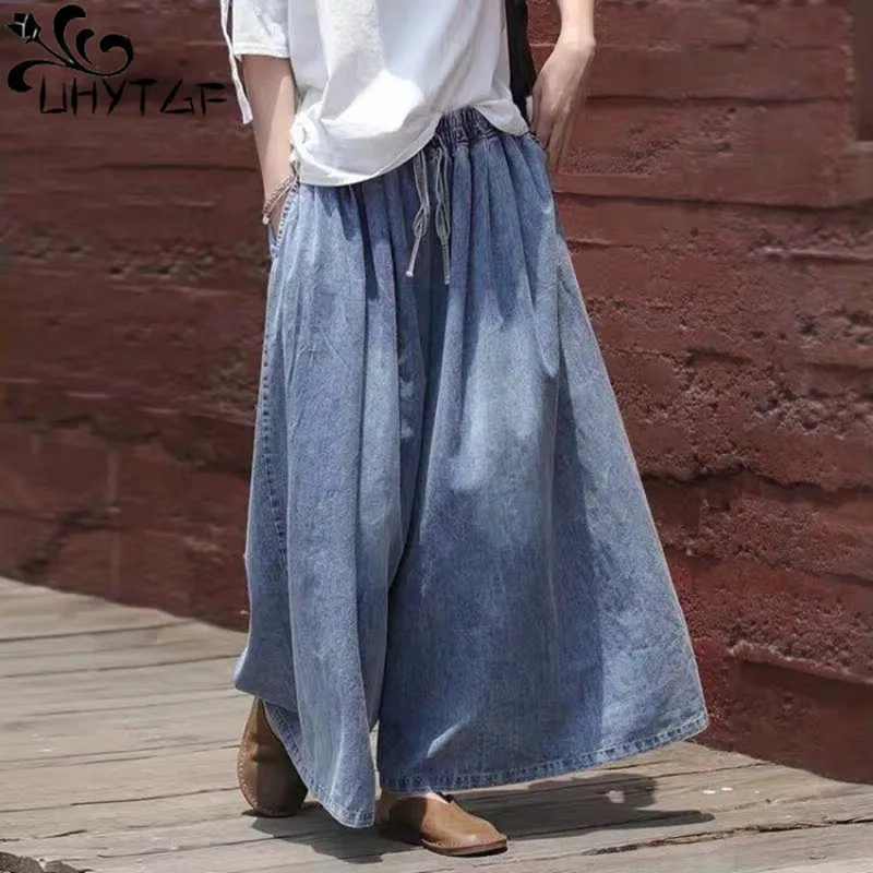 

UHYTGF Spring And Autumn Jeans Women's Lace-Up Elastic Waist Wide Leg Pants Korean Version Loose Casual New Women's Jeans 24