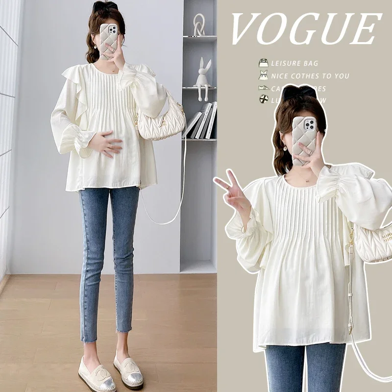 Spring Summer Long Sleeve Blouses for Maternity Sweet Ruffle A Line Tunic 24SS Y2k Pregnancy Tops