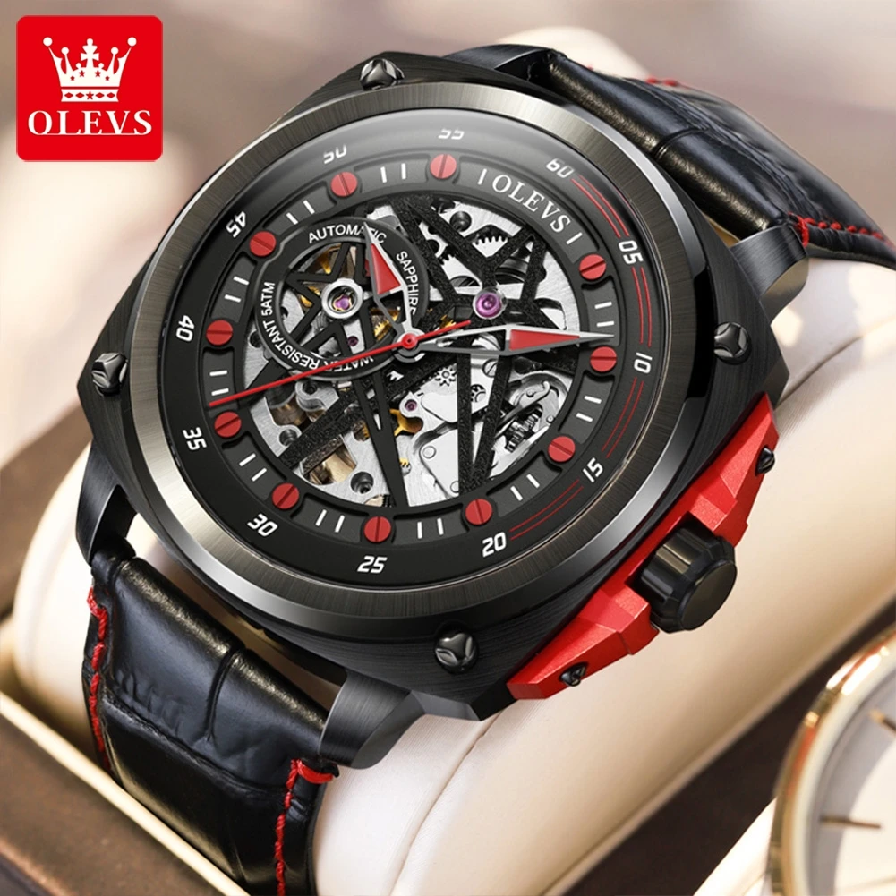 OLEVS Man Watch Automatic Mechanical Watch for Men Leather Strap 5Bar Waterpoof Luminous Double Star Hollow Men's Wrist Watches for fossil gen 5 carlyle rhinestones decor ceramic genuine leather wrist strap adjustable watchband red