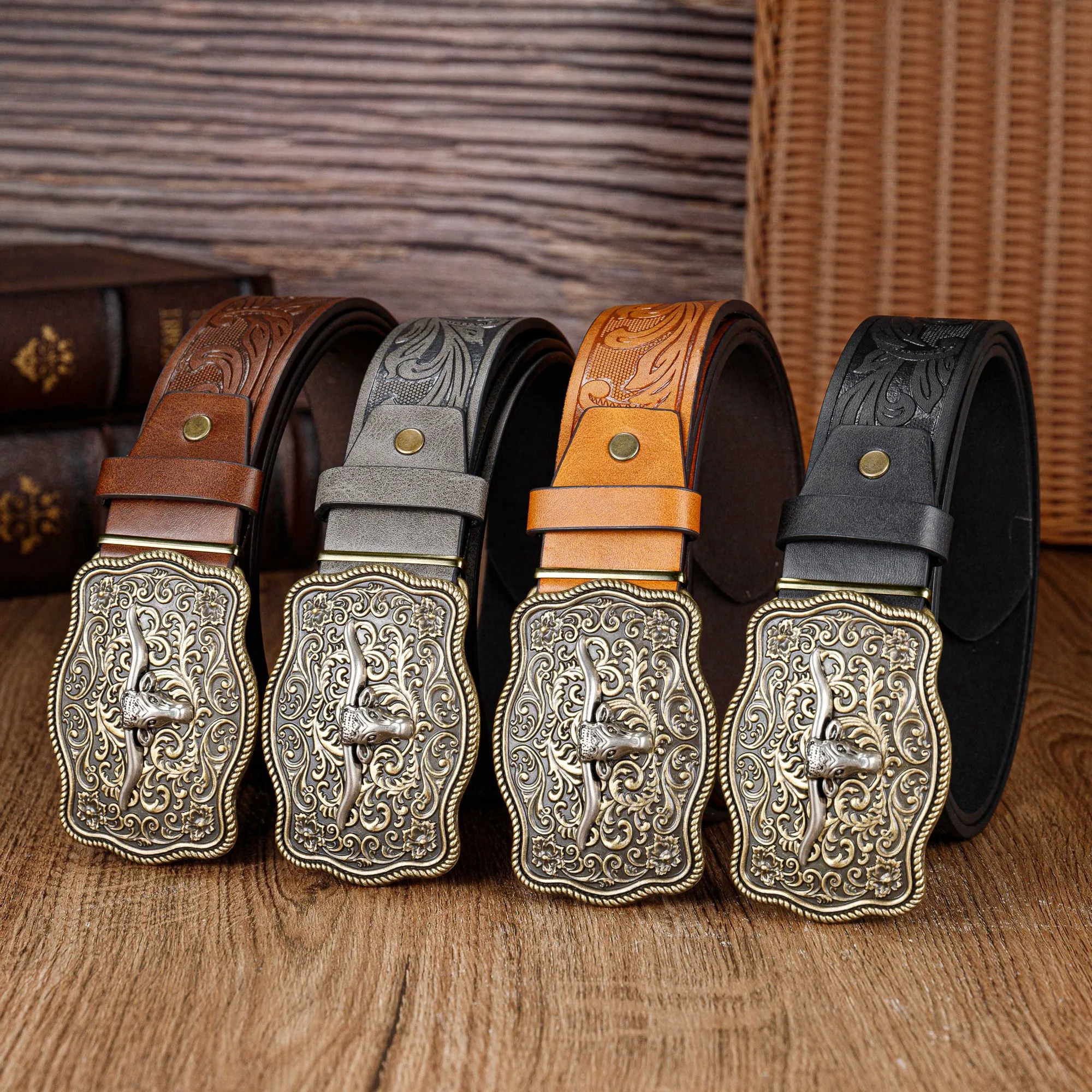 Stylish Bull Head Embossed Belt with Statement Buckle