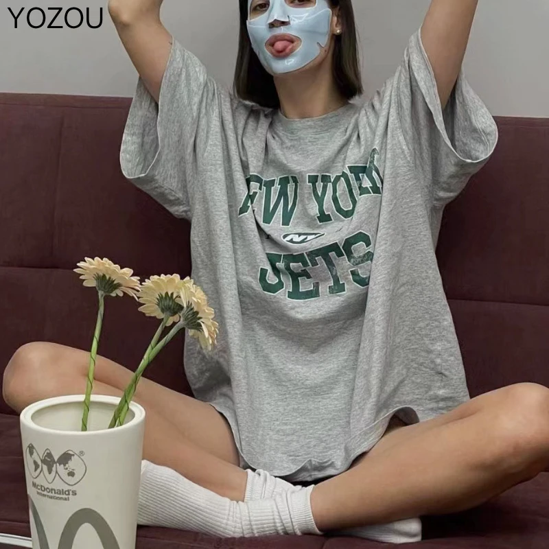 

YOZOU 2022 Summer Gray NEW YORK Letters Print Oversized T-shirt Loose Short Sleeve Top Women Causl High Street Aesthetic Tee
