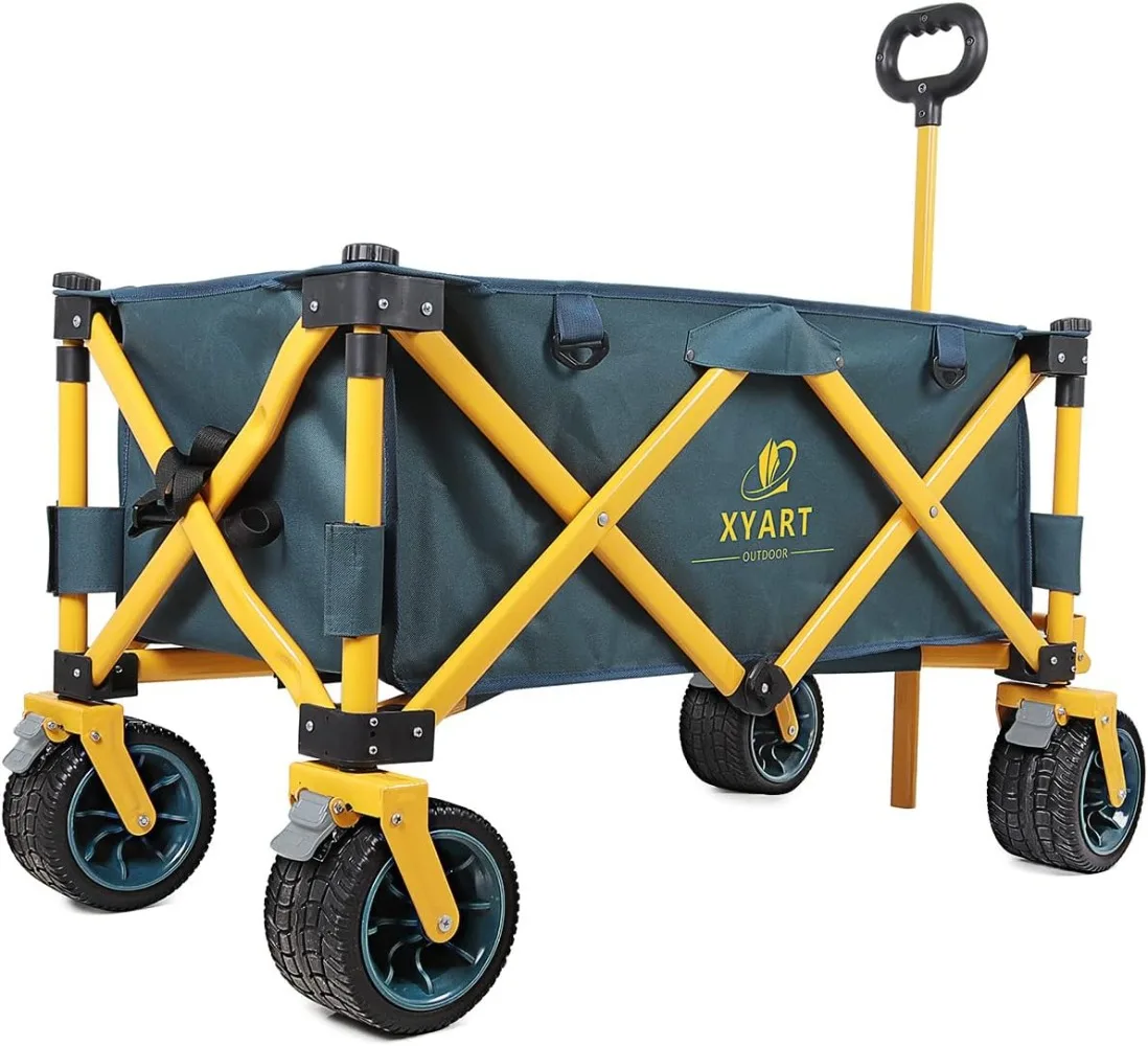 

Collapsible Wagon Cart Utility Folding Carts Heavy Duty for Outdoor Camping Beach Garden with Big Wheels Dark Green Yellow XL