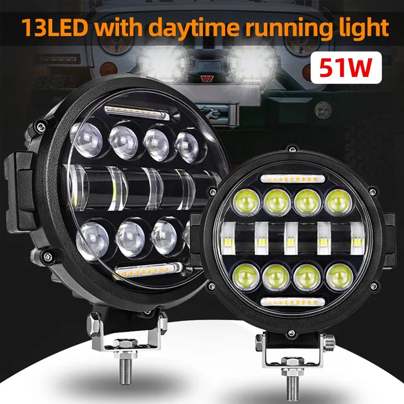 Barra de luz de trabajo para todoterreno, foco de 7 pulgadas, 102W, 13LED, 12V, 24V, para Jeep, camión, coche, Tractor, SUV, ATV