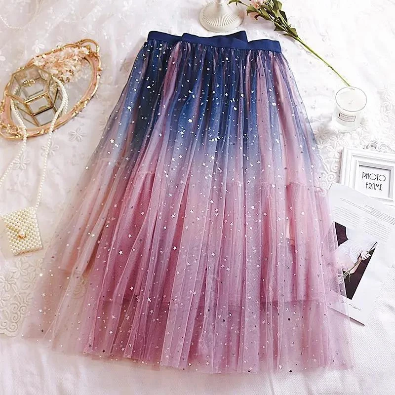 Skirts 2022 Summer Tulle Skirt Star Sequin skirt High Waist  long Skirt Pink White Evening Party Sexy Skirt Women falda sparkling skirt black skirt