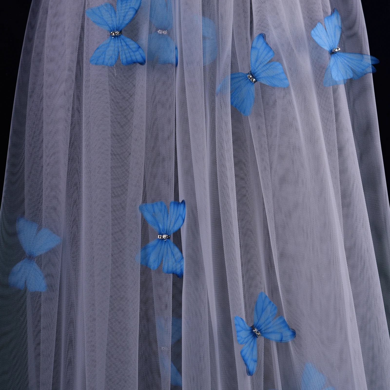 MMQ M110 Cathedral Wedding Veil With 3D Blue Butterfly Mesh 1Tier Tulle with Hair Comb For Makeup Production Photos Bridal Show