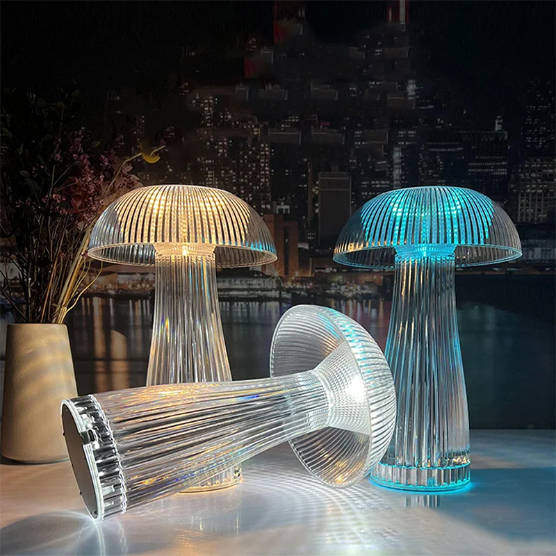

Creative Mushroom Crystal Table Lamp Transparent Three Color Bedroom Night Light Touch Atmosphere Decoration Jellyfish Lamp