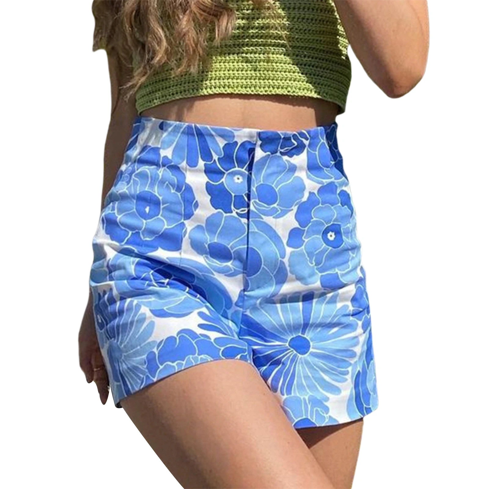 Pantalones cortos azules con estampado de flores para mujer, Shorts ajustados de talle alto, para vacaciones, 2021|Pantalones cortos| AliExpress