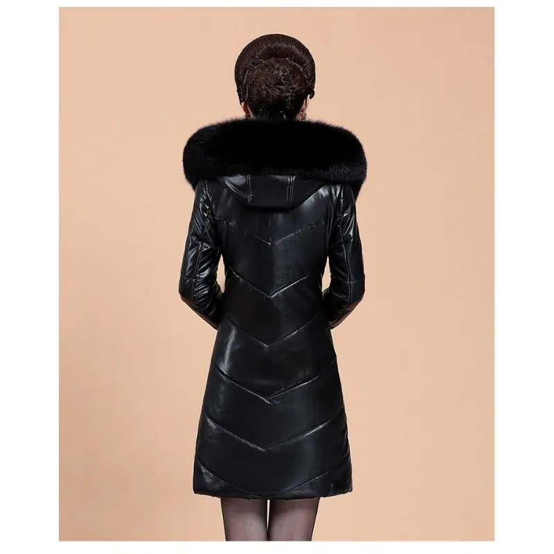 2023 Imitation Leather Down Jacket Women Mid-length Sheepskin Middle-aged Elderly Hooded Fur Clothing Coat with Fleece Thickened