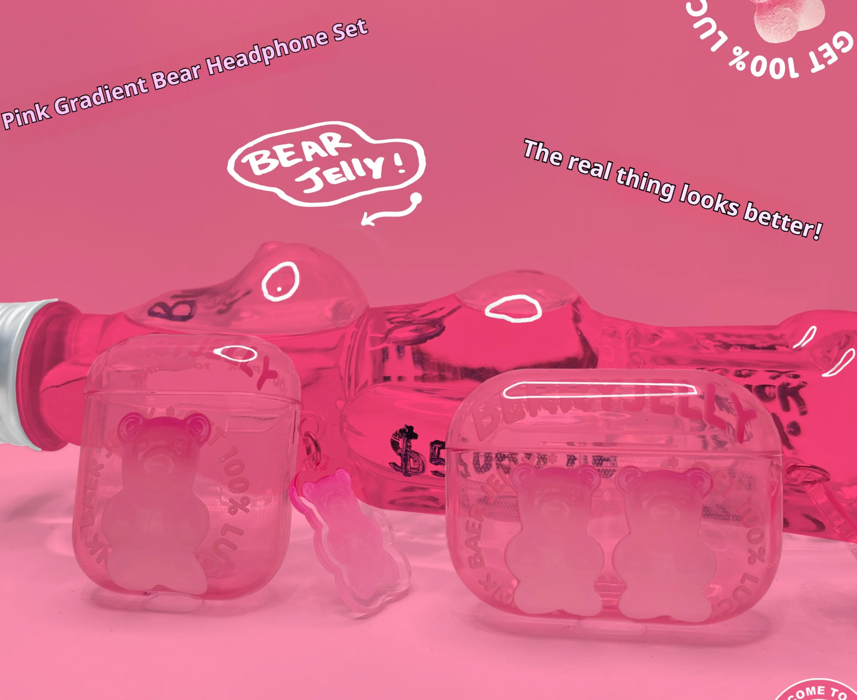 BUDDY Gradient Pink Bear Protective 3rd Silicone Pro 2nd Generation Soft Case ins Transparent_voghion.com