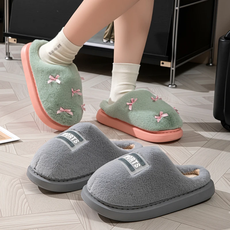 Fashion Bow Decor Fluffy Fur Slippers Women Winter Indoor Thick Bottom Warm Home Slides Woman Anti Slip Plush Couple Slippers