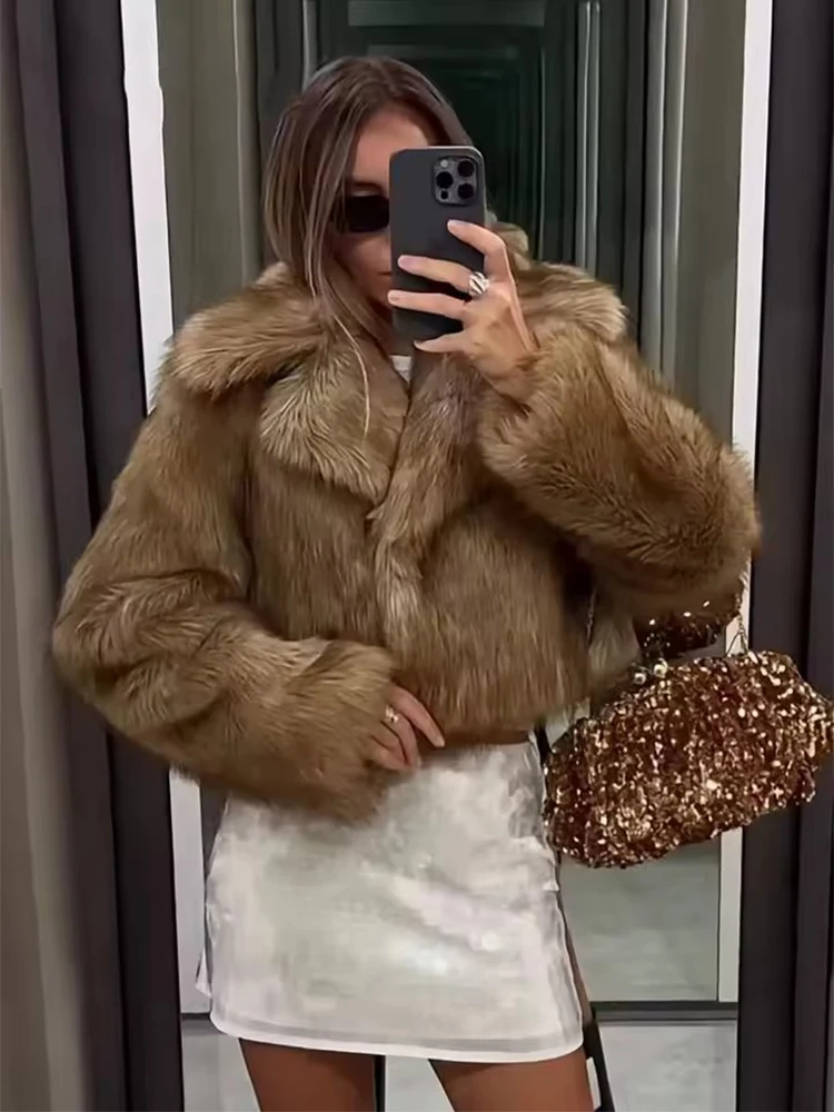 Women Elegant Faux Fur Coat Warm Fluffy Loose Long Sleeve Lapel Short Jacket Winter Fashion High Street Lady New Outerwear
