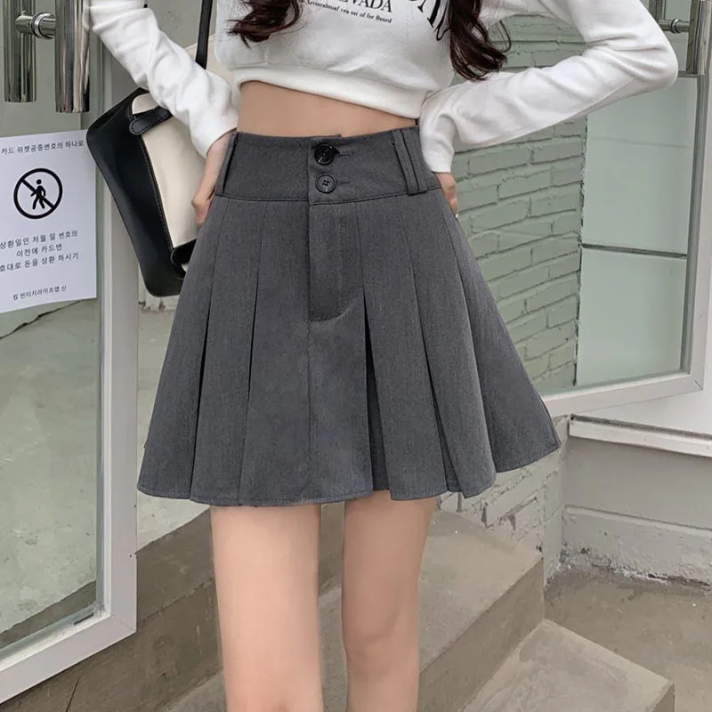 

Biyaby A-Line Skirts Women Korean 2024 New High Waist Gray Short Pleated Skirt Woman College Style Double Button Mini Skirt Lady