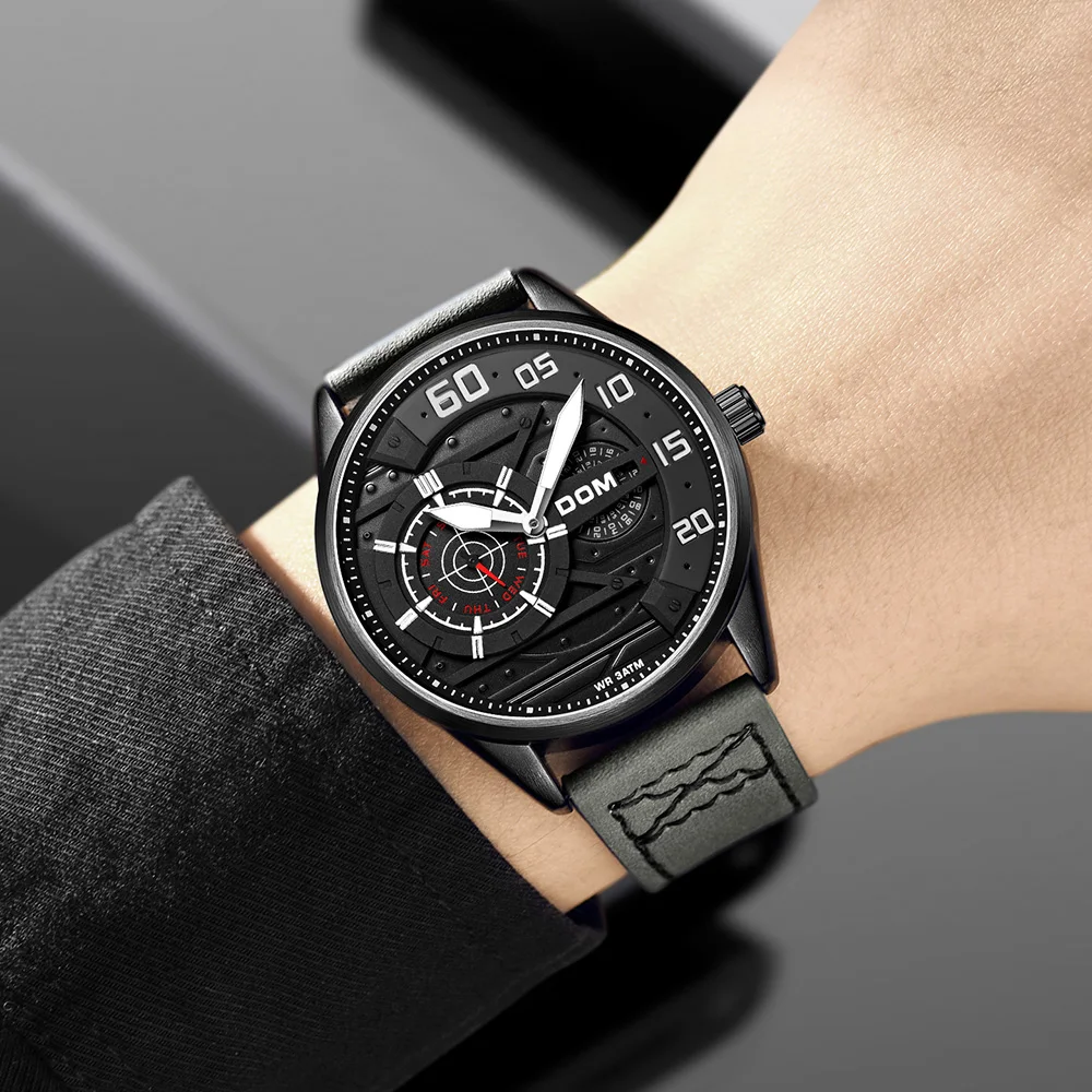 DOM LuxuryBrand men's quartz watch sports waterproof personality luminous fashion military style multi-function Leather watch