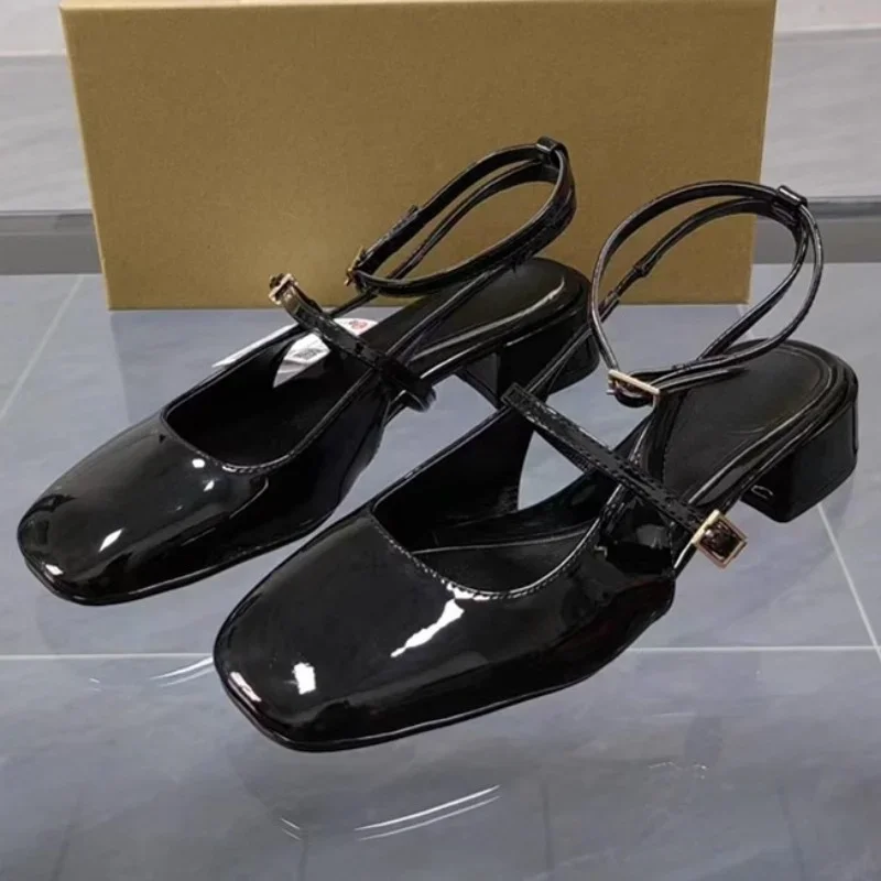 Retro Square Toe Women Mary Jane Shoes Summer Fashion Ankle Strap Thick Heels Elegant Black Slingbacks Ladies Sandals