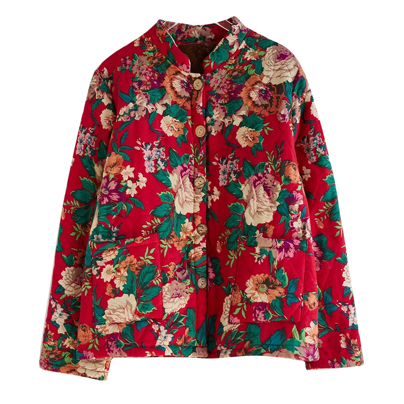 Winter Cotton Ladies Jacket Coat Ethnic Style Long Sleeve Vintage Single Breasted Women Casual Loose Floral Print Outerwear 2025