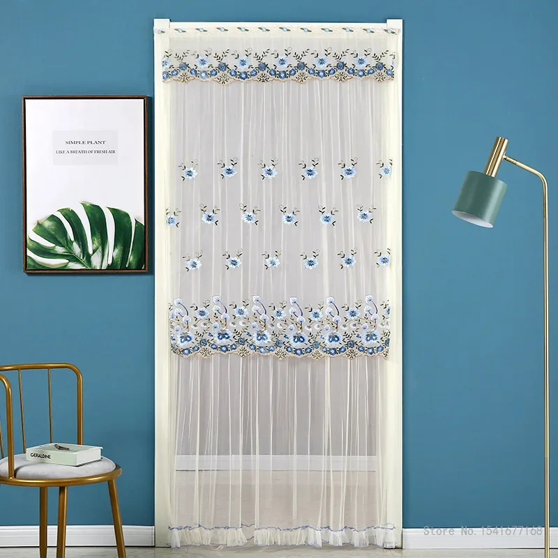 Punch-free Mosquito Screen Curtain Door Curtain, Breathable Bedroom Partition Curtain Double Layer Lace Embroidered Door Curtain