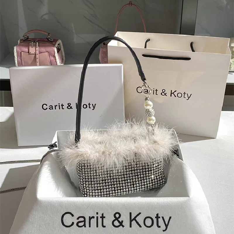 

Autumn and Winter New Fashion Plush Rhinestone Underarm Bag Single-shoulder Cross-body Pearl Chain Banquet Women's Handbag